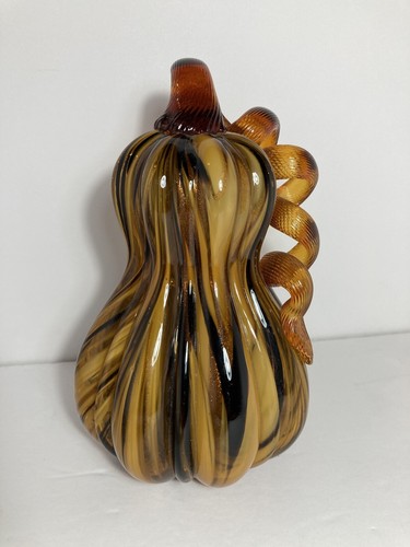 Mundgeblasenes Kunstglas Kürbis Kürbis verwirbelt Glitzer orange braun Bernstein gedrehter Stiel 8 Zoll