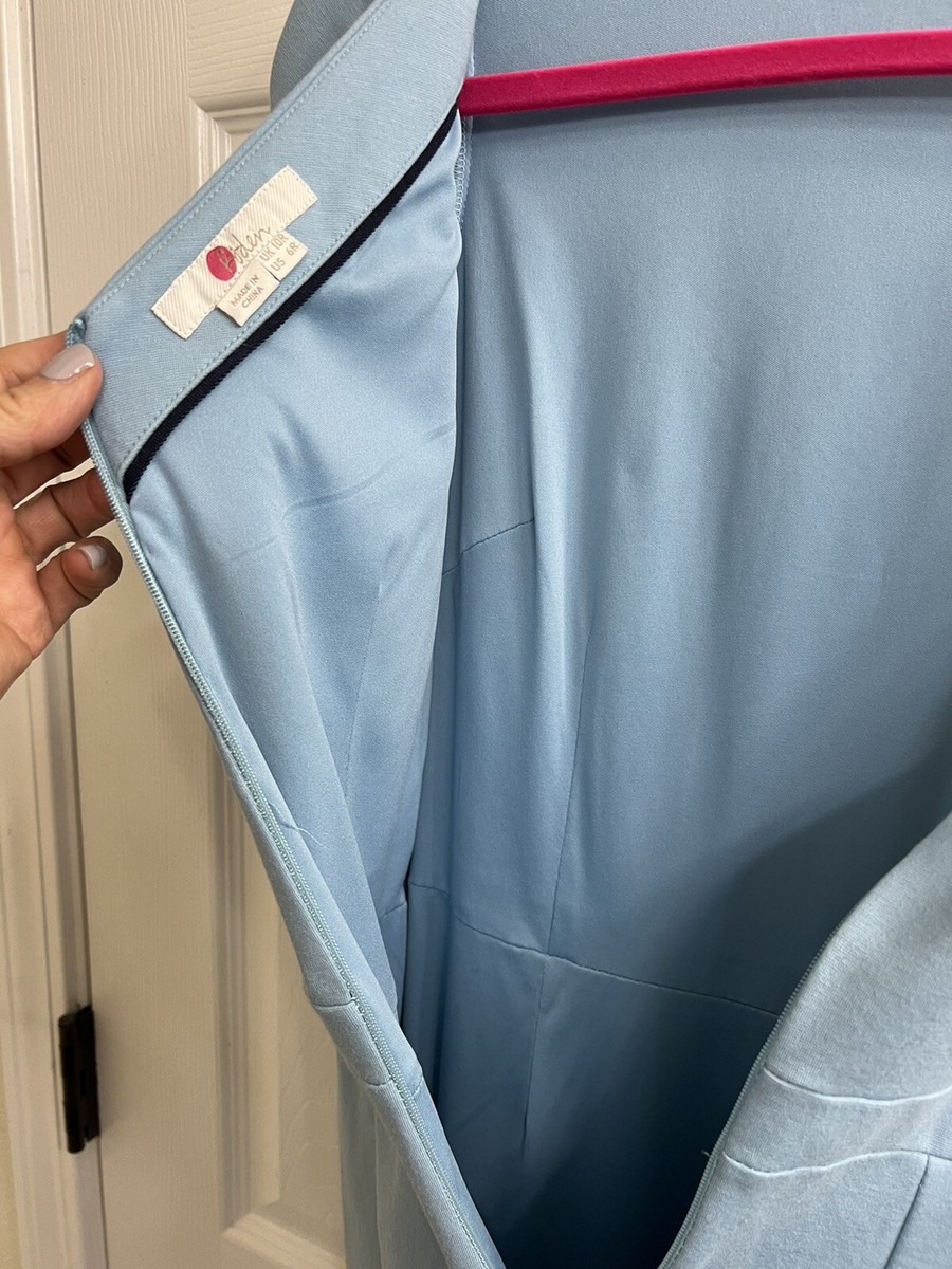 BODEN Emma Eyelet Scalloped Hem Blue Ponte Sheath Dress US 6R-UK