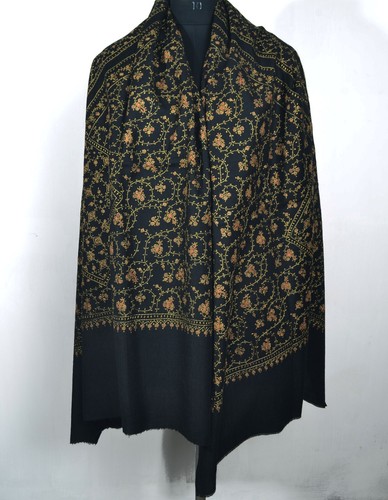 Large BLACK Hand Embroidery Sozni Shawl Unique Pashmina Scarf 100% Cashmere Wrap - Picture 5 of 11