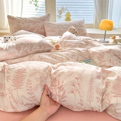Pink Floral Printed Duvet Cover with Pillowcase Single/Queen/King DuvetCover Set