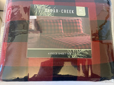 KING Buffalo Plaid Black Red FLANNEL Sheet Set 4-Pc New Sealed Cedar Creek