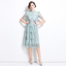 Women Elegant Lace Midi Dress Short Sleeve Floral Embroidery Vintage Party Dress