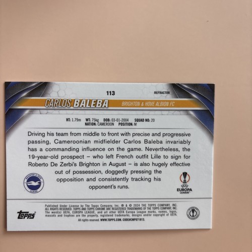 Carlos Baleba 2023-24 Topps Cromo UEFA Clubes Competiciones #113 Refractor - Imagen 4 de 5