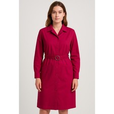 Magenta Belted Shirt Dress Size 7 Button Front Collared Mid Length Vintage