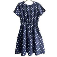 Vintage Navy Blue and White Polka Dot Fit Flare Dress Keyhole Back Rockabilly L