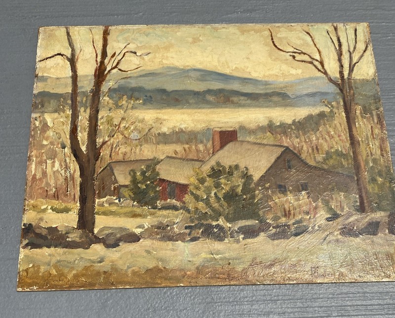 Antique Signed Oil Acrylic ? painting On Board 1937 Barn Mountains E R Foster