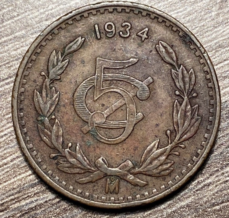 1934 Cinco Centavos Great Detail Vintage Mexican Pre-War Coin Collector Favorite