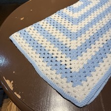 Hand Crocheted Blue/White Baby Blanket 39 x38 Preowned Nice Condition