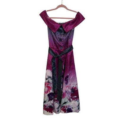 Samuel Dong Off the Shoulder Midi Dress Size S Purple Floral Button Front Sash