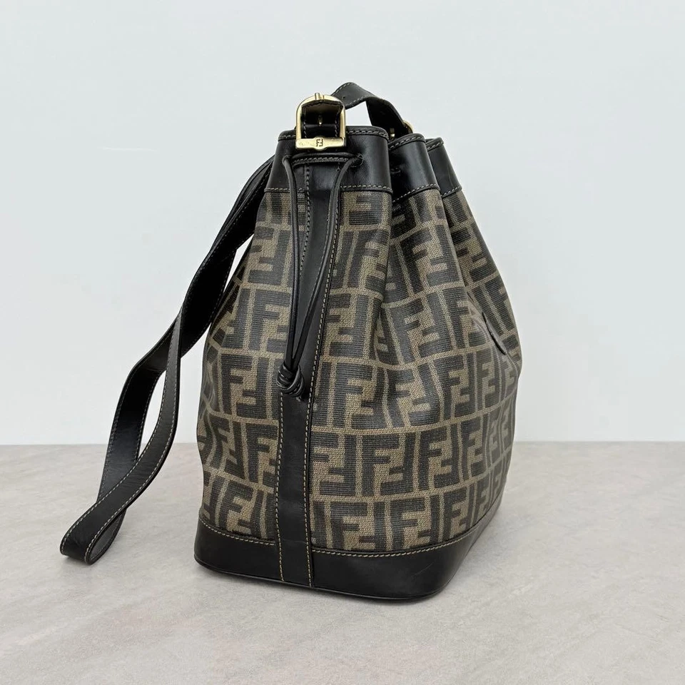 FENDI Zucca Pattern Drawstring Shoulder Bag Black PVC Authentic - Image 4 of 4