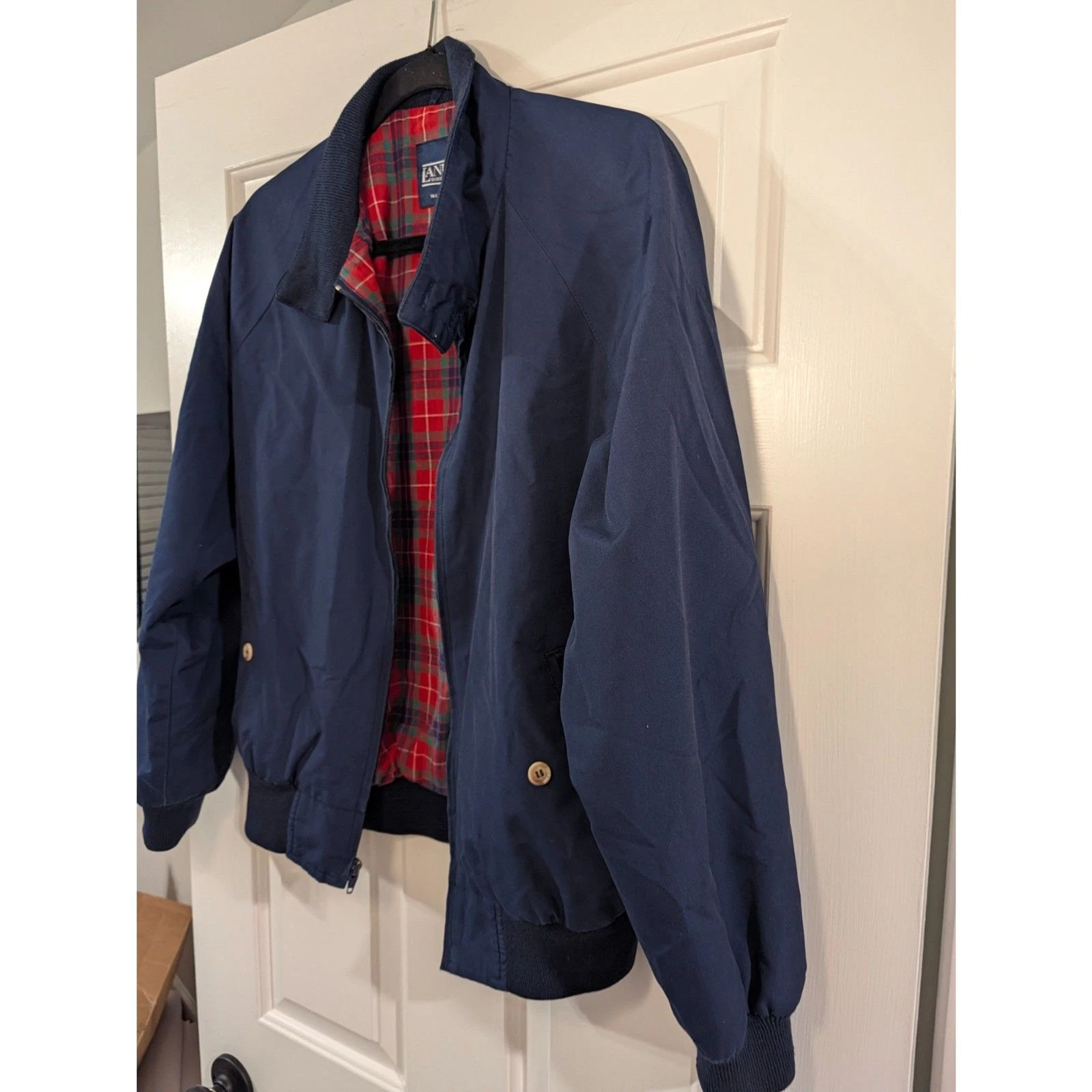 Vintage Lands End Harrington Jacket Mens M Navy Red Tartan Plaid Lined image 3