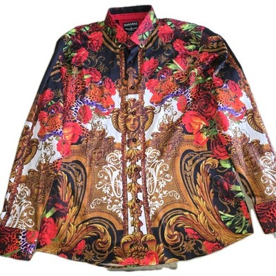 Barabas Mens XL Floral Medusa Flower Leopard Long Sleeve Button Down Shirt