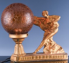 GREAT c1930 ART DECO CAST METAL DANCER FIGURAL & AMBER CRACKLE GLASS RADIO LAMP