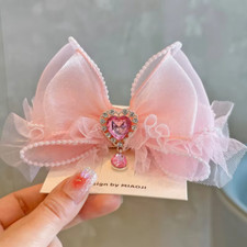 Pink Fairy Hair Bow Princess Heart Diamond With Dangle Hair Clips Little Girls  