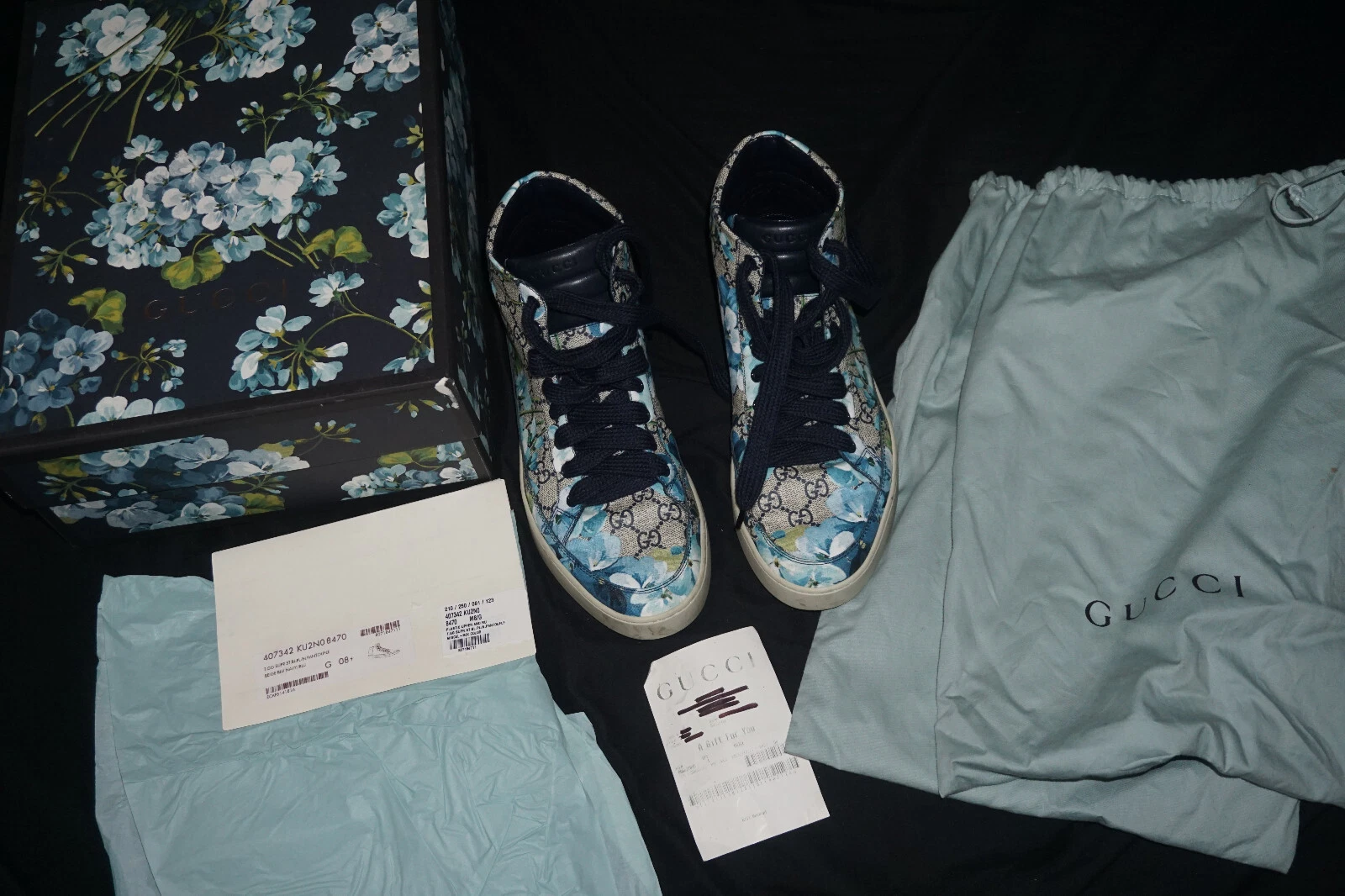 Baskets montantes Gucci Supreme GG toile enduite bleu imprimé floral pointure US 9,5