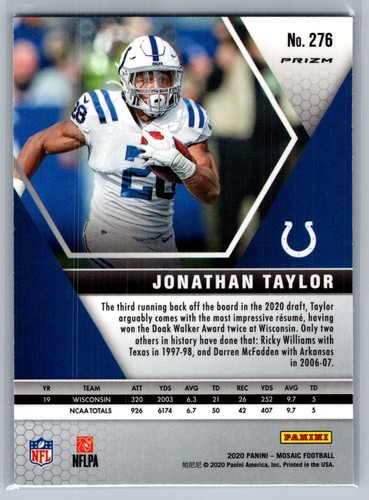 Panini Mosaic 2020 - debut en la NFL #276 Jonathan Taylor - Silver RC - Imagen 2 de 2