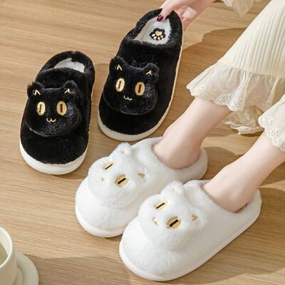 Plush Cute Cat Face Plush Cotton Slippers - Soft Comfy Warm Slip-On House Slides