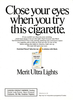 MERIT CIGARETTE AD #39 RARE 1988 VINTAGE OUT OF PRINT CLOSE YOUR EYES WHEN YOU 