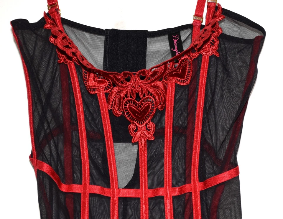 Dreamgirl 透明黑色红色心形装饰带 Garters 紧身胸衣 36 码全新无标签 — 第 2/4 张图片