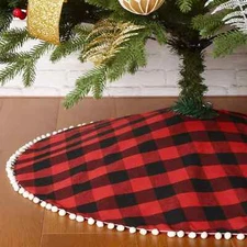 Christmas Tree Skirt 48 inch Round Buffalo Plaid with White Pom-poms Decorations