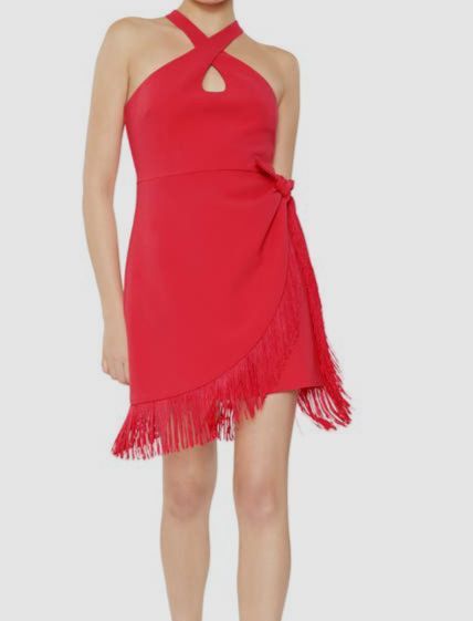 slim fit dress slacks Chic Pink Halter Neck Knit Midi Dress with Open Back and Fluted Fringe Hem main image 0