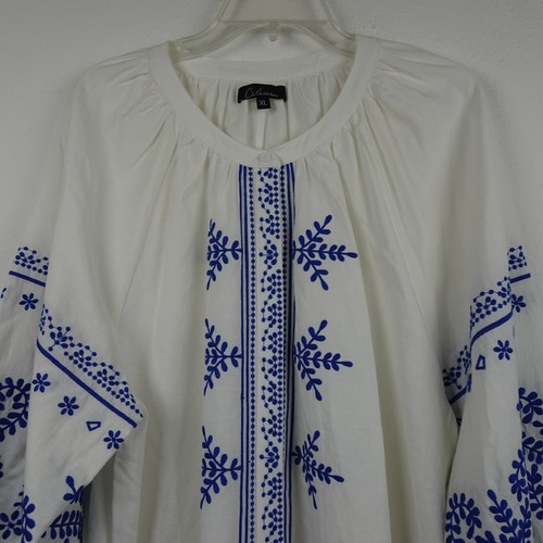Calessa Embroidered Tunic Top Women's Size XL White Blue Loose Fit Boho Peasant - Picture 2 of 11