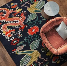 3'x5', 5'x8' Chinese Art Deco Dragon & Phoenix Hand Tufted Wool Area Rug Navy