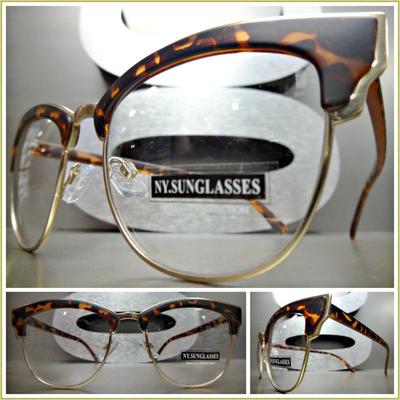VINTAGE RETRO 60s CAT EYE Style Clear Lens EYE GLASSES Matte Tortoise Gold  Frame