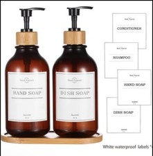 16oz Plastic Soap/Shampoo/Lotion Dispenser Set w/Bamboo Pump  Dish Labels Inc 