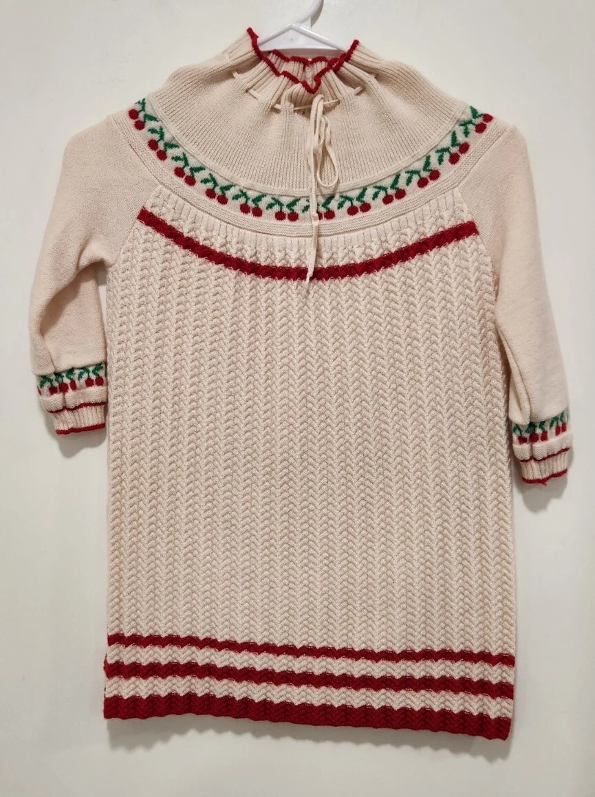 Kalinka Ivory Knit Cherry Marino Wool Dress Girl's Size 4-6