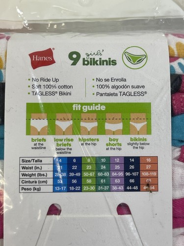 Hanes Girls 100% Cotton Multicolored Tag less No Ride Up Bikinis 9Pc Set 8 - Picture 3 of 4