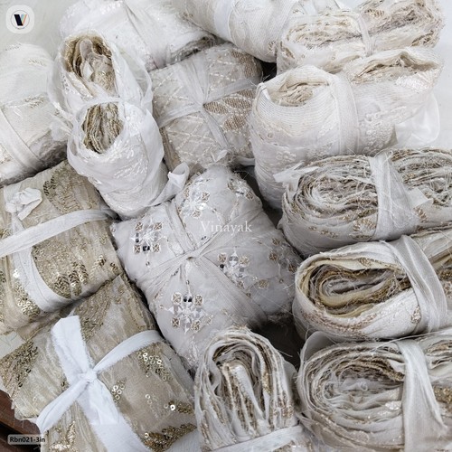 3"-4" 100g White Embroidered Recycled Sari Silk ribbons, crafting wrapping decor