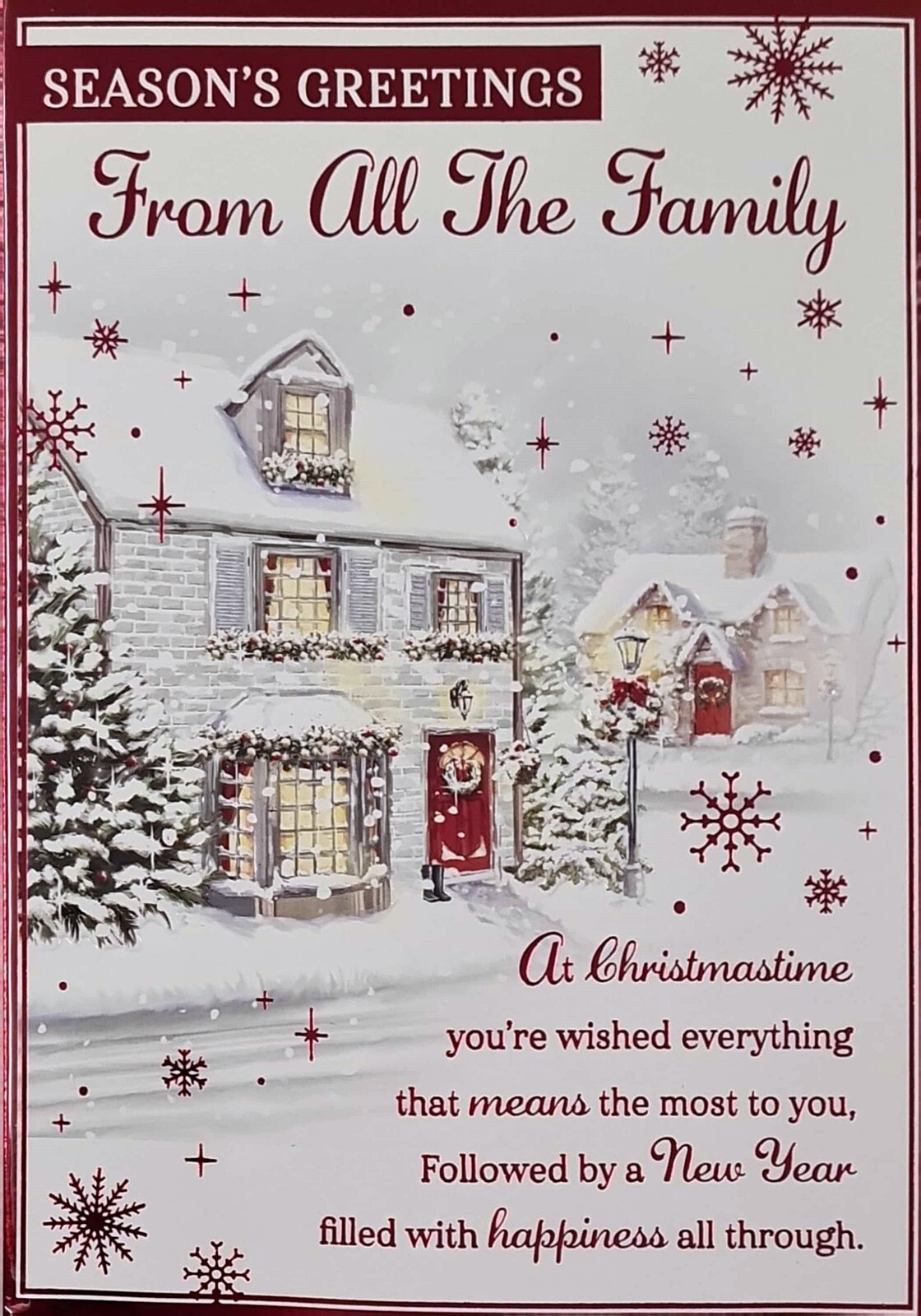 Christmas Card Seasons Greetings From All The Family Snowy Cottage Scene