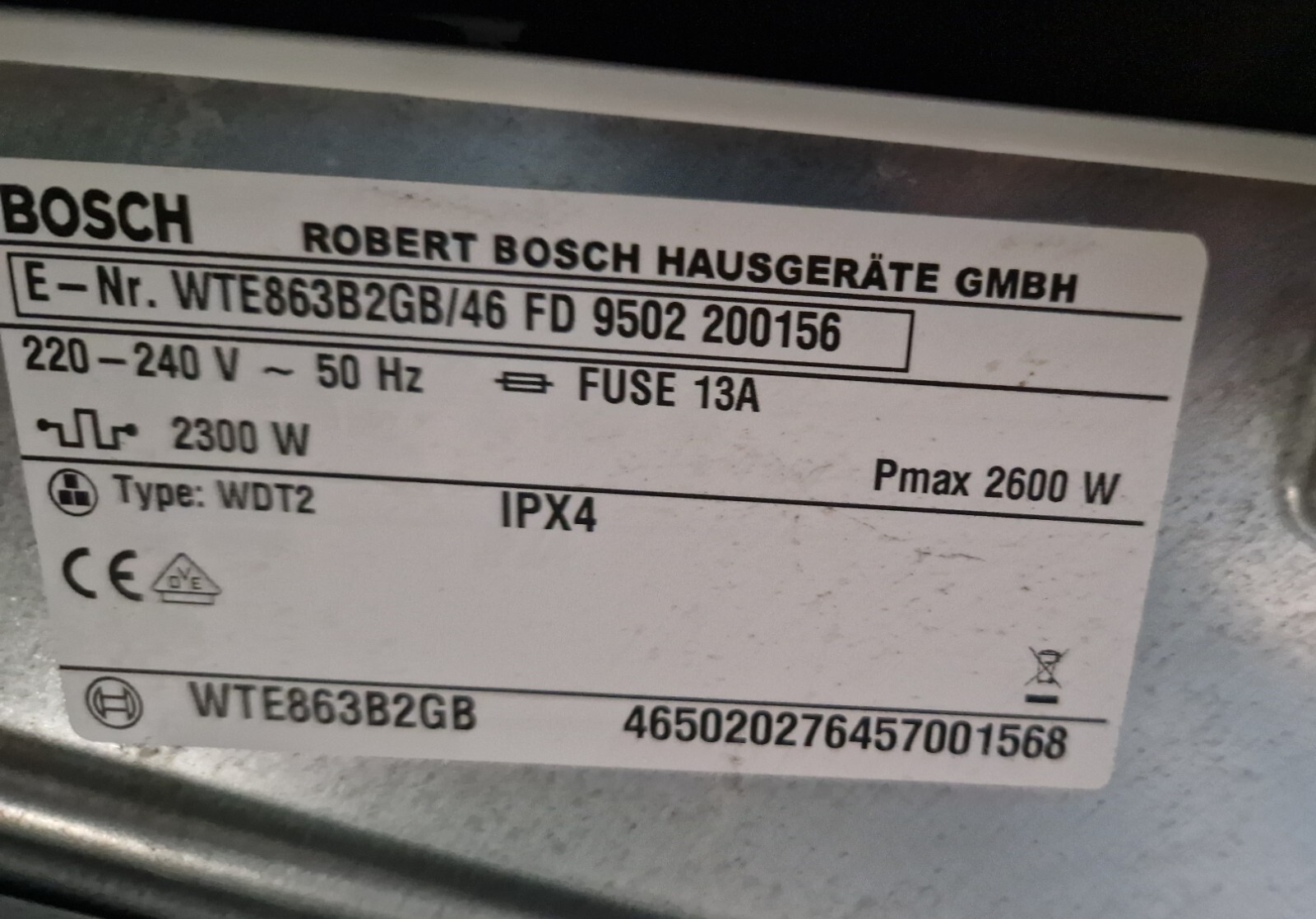 Bosch WTE863B2GB Sensor Condenser Tumble Dryer Not Working Spare Or