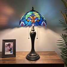 Tiffany Style Table Lamp Green Blue Stained Glass LED Bulbs 12"W 12"D 22"H