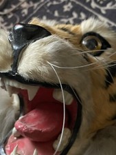 Vintage Japan REALISTIC TIGER HEAD RABBIT FUR & SYNTHETIC WOOD Hanging PLAQUE