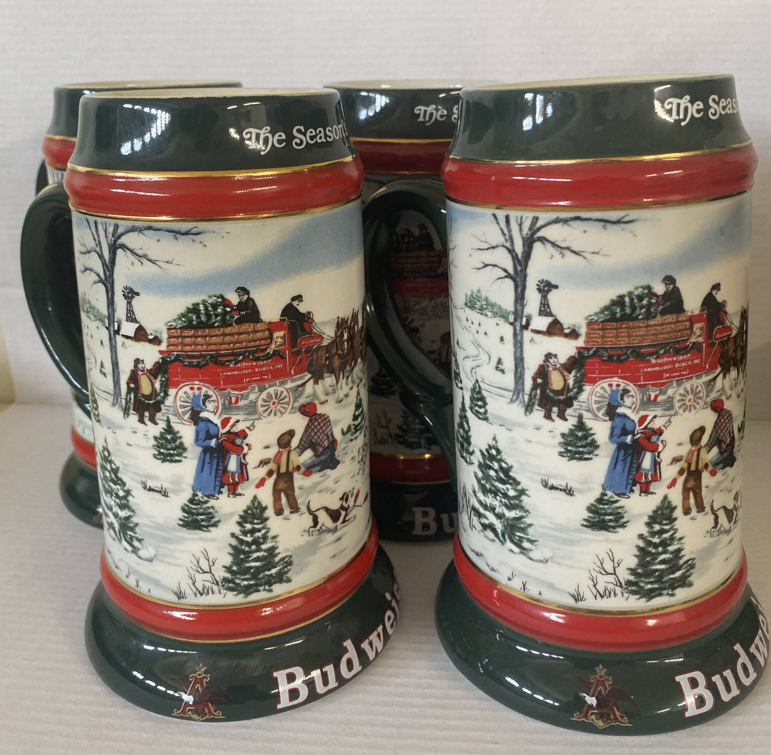 *Set 4* Budweiser Christmas Beer Stein 1991 Collector Series Art Susan
