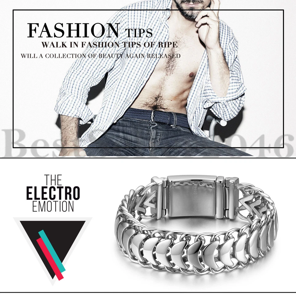 Pulsera de cadena de reloj de acero inoxidable de alto pulido de 19 mm de ancho para hombre 8,5" Foto 3 de 4