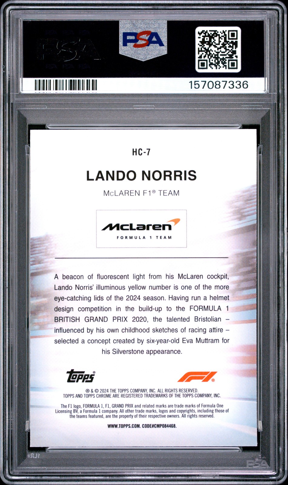 2024 TOPPS CHROME FORMULA 1 HELMET COLLECTION #HC7 LANDO NORRIS PSA 8 view 2