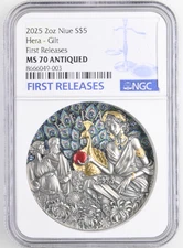 2 Oz Silver Coin 2025 Niue Divine Beauty Hera Gilded w/ Crystal Insert NGC MS 70
