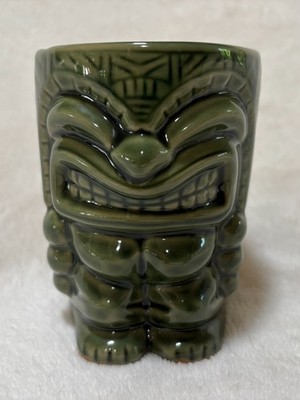 Vintage Rainforest Cafe Tiki Mug Coffee Cup w/ handles Green Smile Face 4.25''