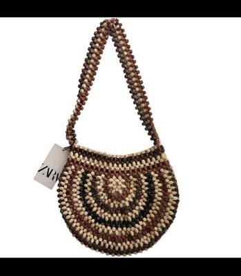 New Zara Woman Beaded Wood Crescent Shoulder Bag Boho Summer Linen Blend