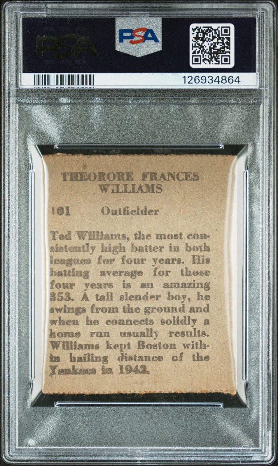 1949 R302-2 M.P. & CO. #101 TED WILLIAMS - PSA 4 - Only 13 Higher view 2