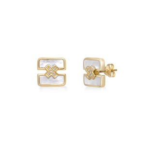 Yellow Gold Plated 925 Sterling Silver Earrings with Mother of Pearl & Sapphire