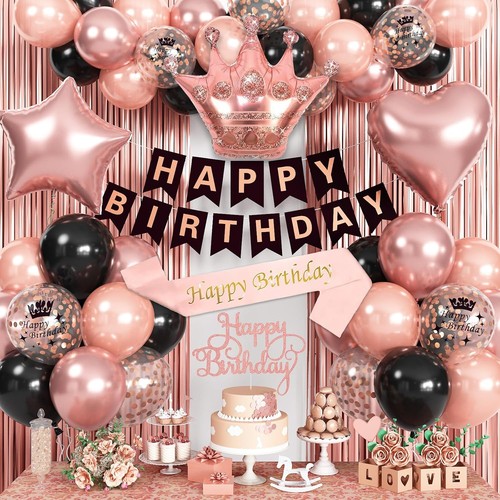 Black and Rose Gold Balloons Happy Birthday Party Decorations