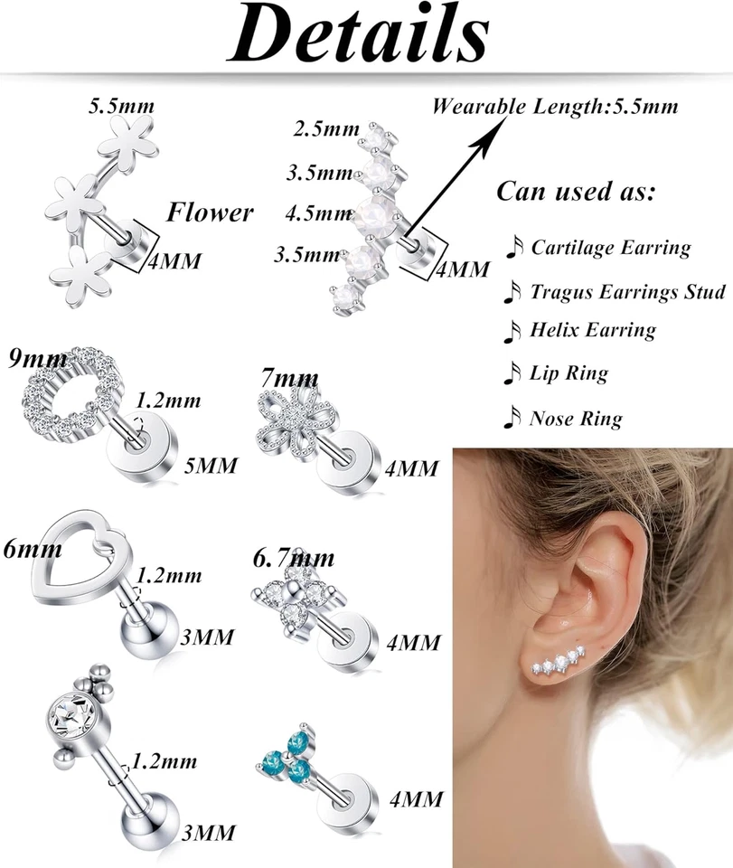 9-30 piezas aretes de cartílago circonita cúbica caracola hélice delantera tragus daith piercing labio Foto 2 de 4