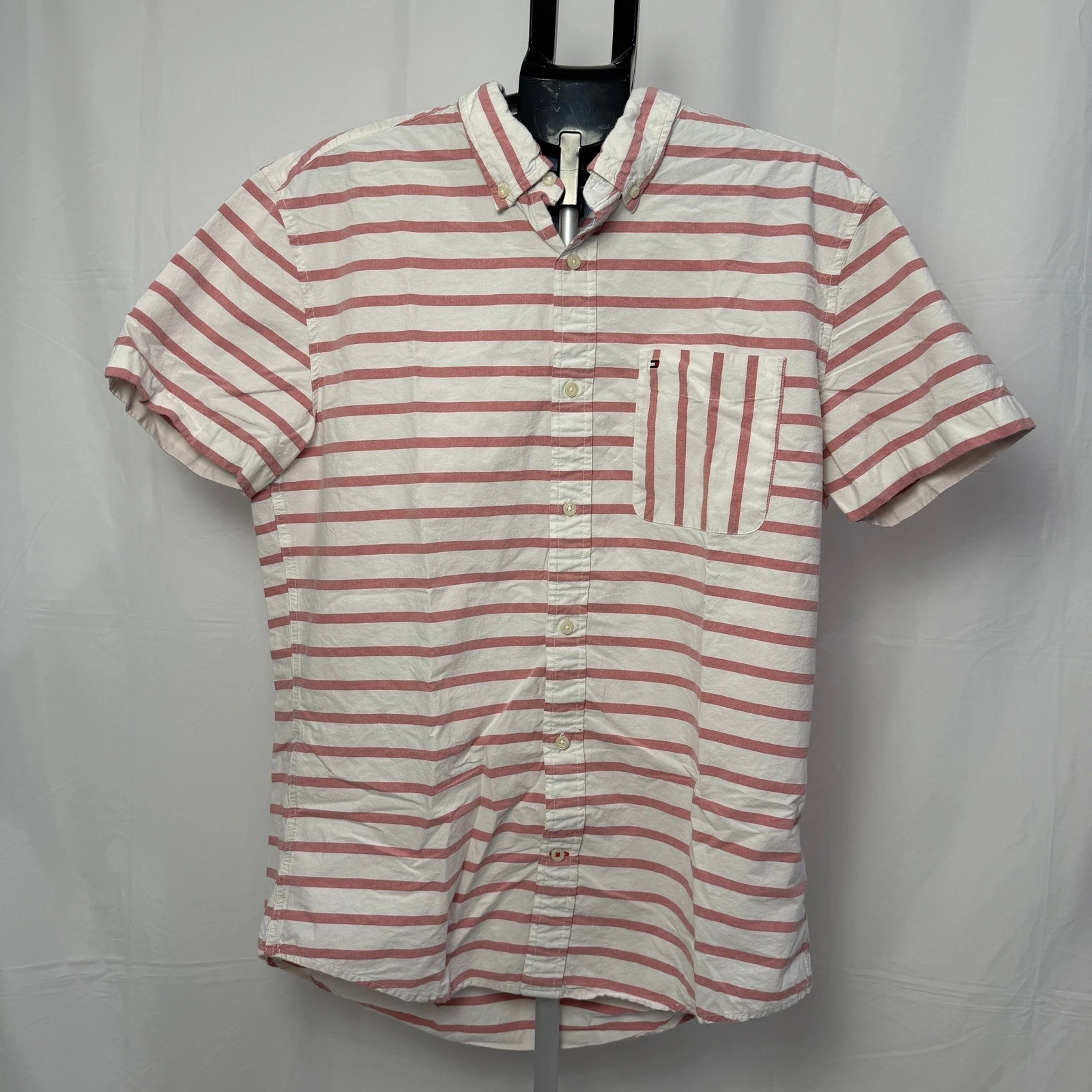 Tommy Hilfiger Mens XL Red Striped Stretch Short Sleeve Button Down Shirt