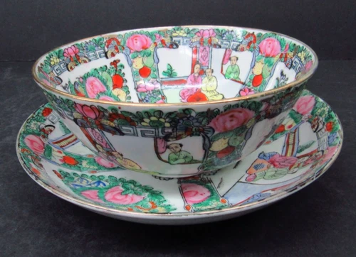 Vintage Chinese Rose Famille Medallion 6 1/4" Soup Bowl with Matching Underplate