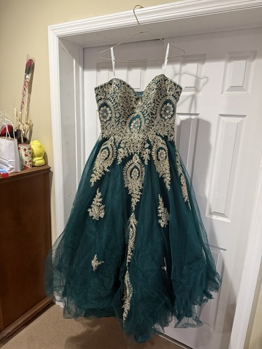 Emerald Green Gold Embroidered Tulle Formal Dress 24 size  Prom 