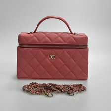 Chanel Pink Caviar Leather Vanity Case with Chain Strap Quilted Lunch Box Bag